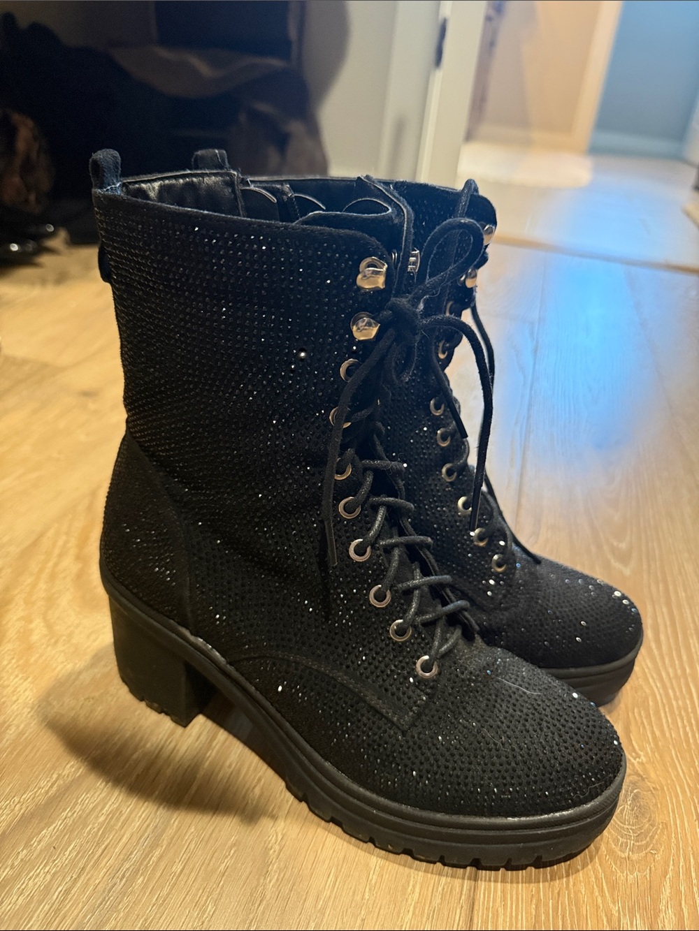 Madden Girl Black Glitter Lace-Up Platform Ankle Boots